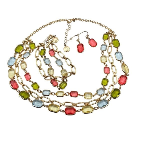 Liz Claiborne Jewelry - Liz Claiborne Necklace Bracelet Earrings Set Gold-Tone Multicolor Bezel Faceted